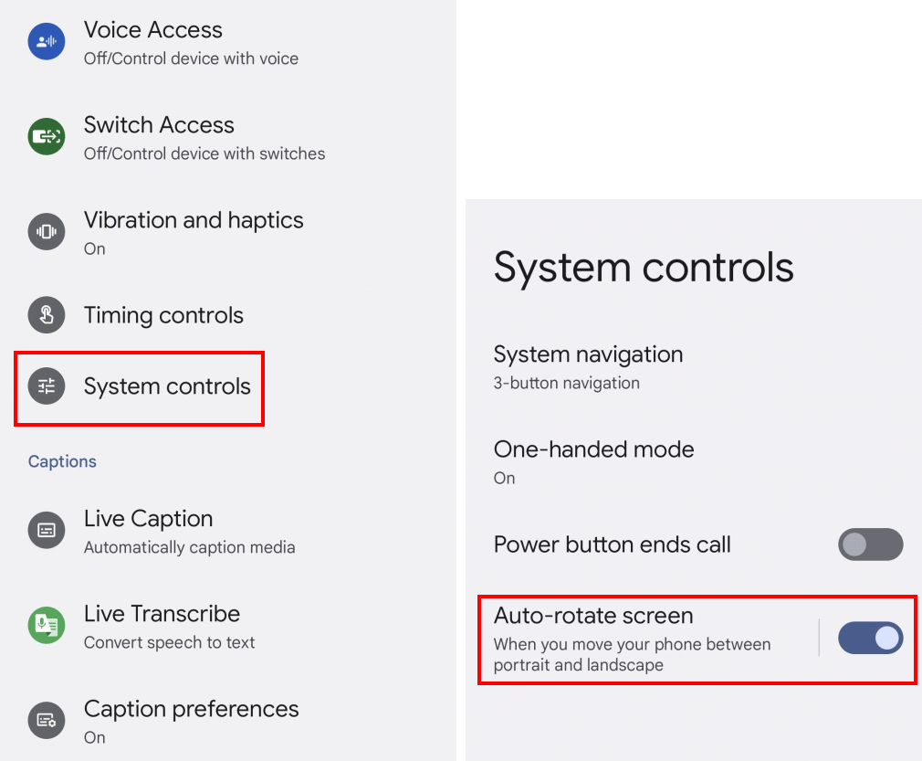 Tap System controls then Auto-rotate screen